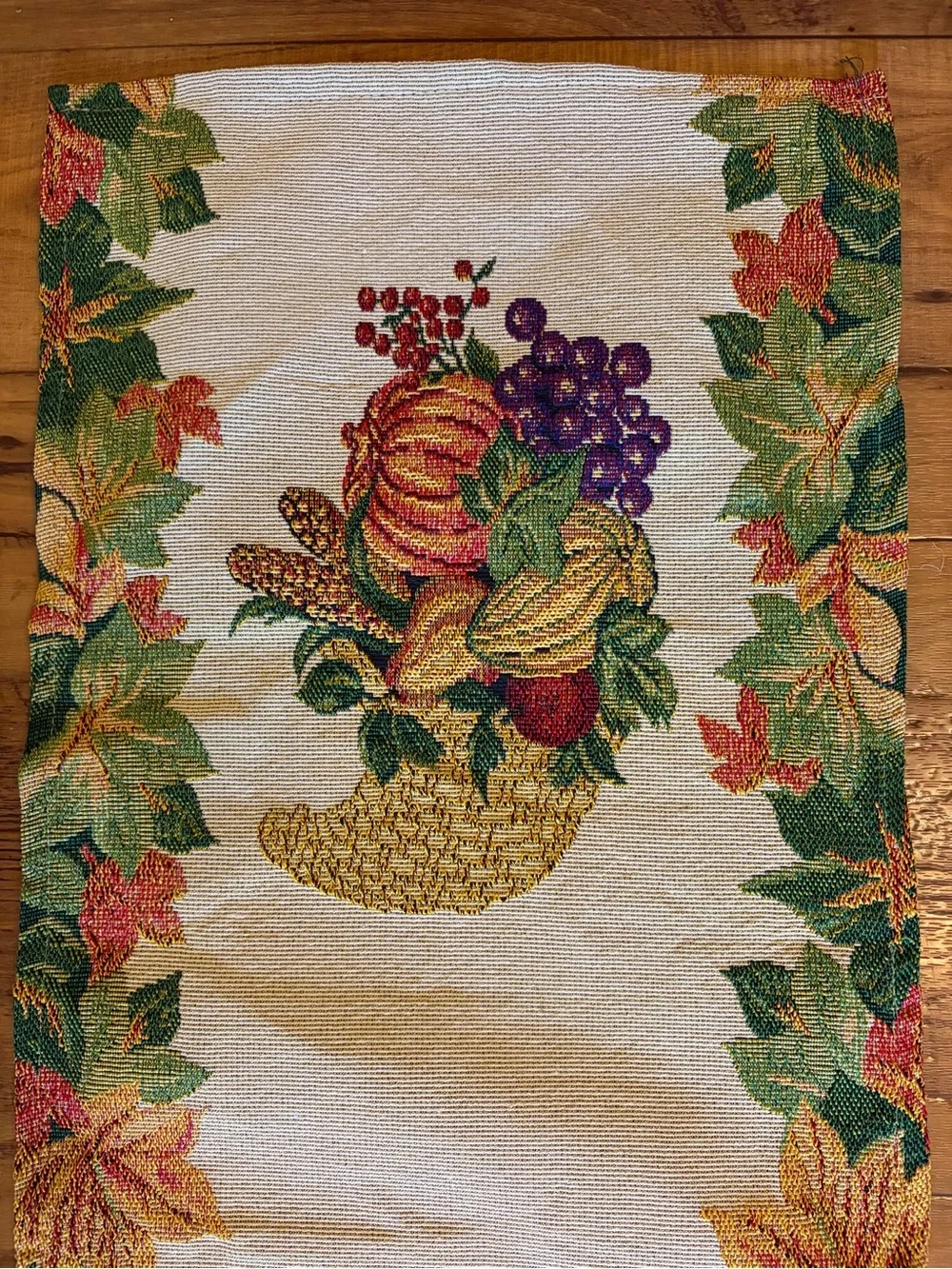 Harvest Cornucopia Tapestry Table Runner in Cream, Orange, Green 68x13 EUC
